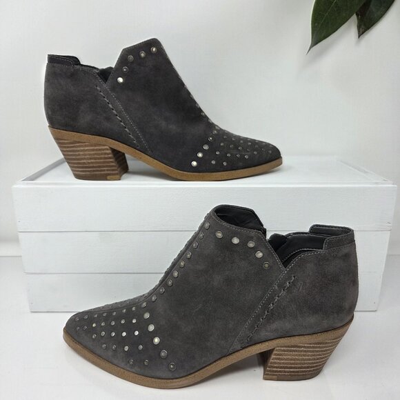 1. State Loka Stud Ankle Booties Womens 7.5 Suede Leather Almond Toe Block Heel - Picture 1 of 9